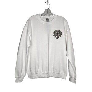 Gildan Embroidered Sweatshirt Unisex Medium Leopard Print Drippy Lips White Gold